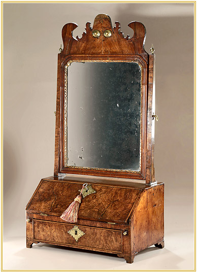 George I Burr & Straight Grain Walnut Dressing Table Mirror & Bureau