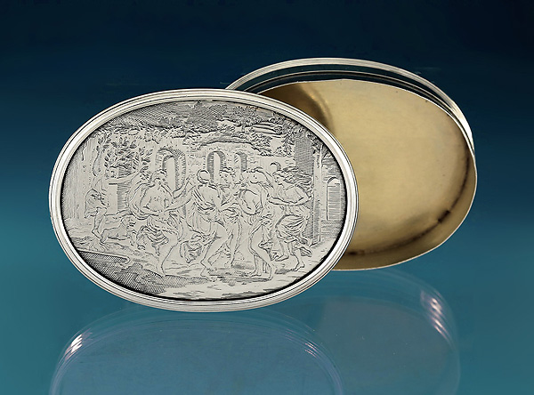 George I Engraved Silver Snuff Box, Classical Scene, England, Unmarked, c1720-1725