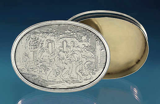 George I Engraved Silver Snuff Box, Classical Scene, England, c1720-25