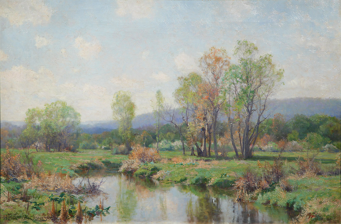 Hugh Bolton Jones, American Hudson River School Painter, Springtime Reflections, Oil on Canvas 