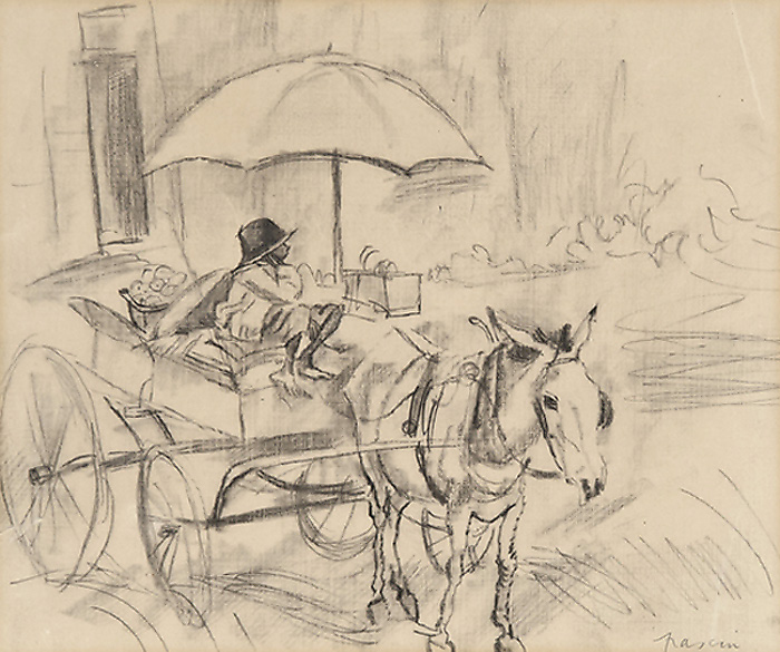 Jules Pascin, Boy in Donkey Cart At Market, Charcoal on Paper