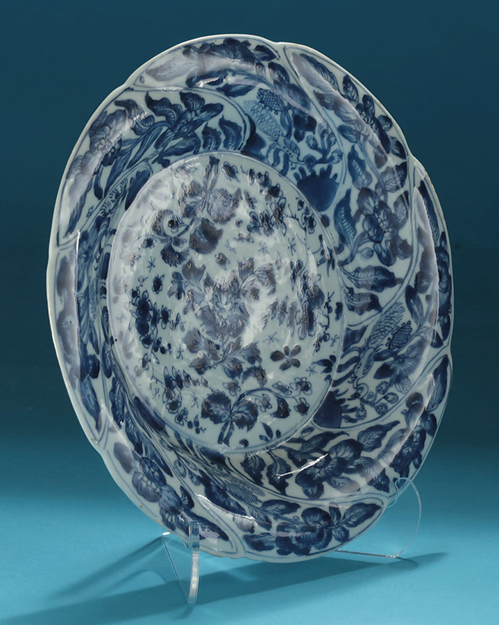 Kangxi Moulded Blue & White Porcelain Deep Dish, after European Silver Form, China, c1690-1700  