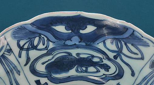 Ming Dynasty Kraak Porcelain Large Klapmuts  Bowl with Taotie Masks, Rinaldi, Group V / Wanli, China, c1600-20, Tastie Mask Detail