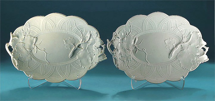 air of Chelsea Glazed White Leaf & Basket-Moulded Stands, c1752-54