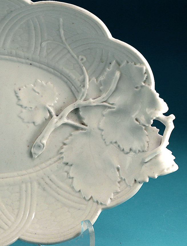 Rare Pair of Chelsea Porcelain White Leaf-&-Basket-Moulded_Stands England, c1752-54 , leaf detail