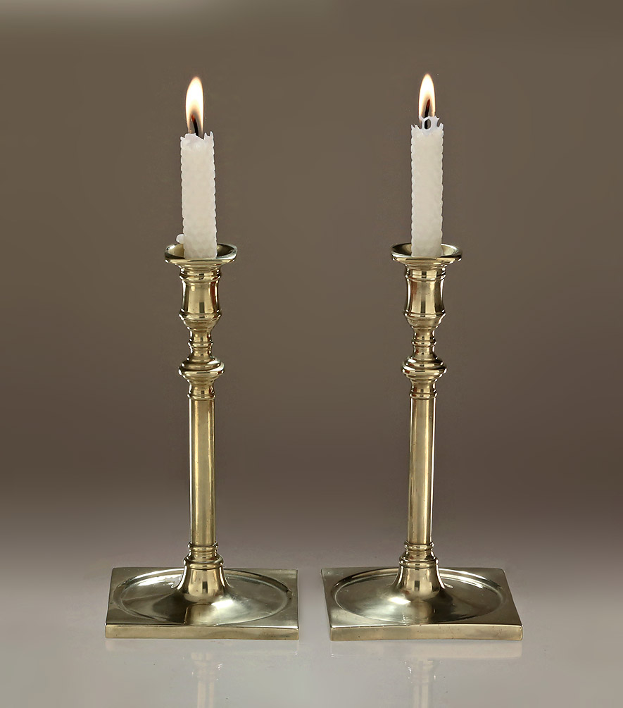 Pair of George II Cast Brass Columnar Candlesticks, Square Bases, England, c1750 