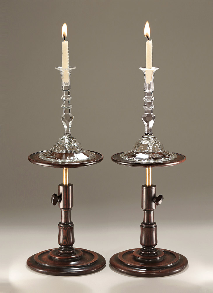 Pair George III Facet-Cut Glass Tapersticks, with Pair of George III Goncalo Alves Adjustable Candle-Stands