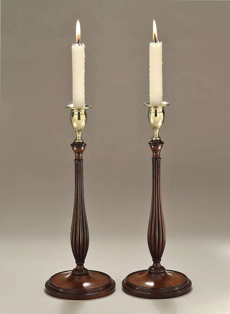 Pair of George III Mahogany & Brass Candlesticks, c1780-1800