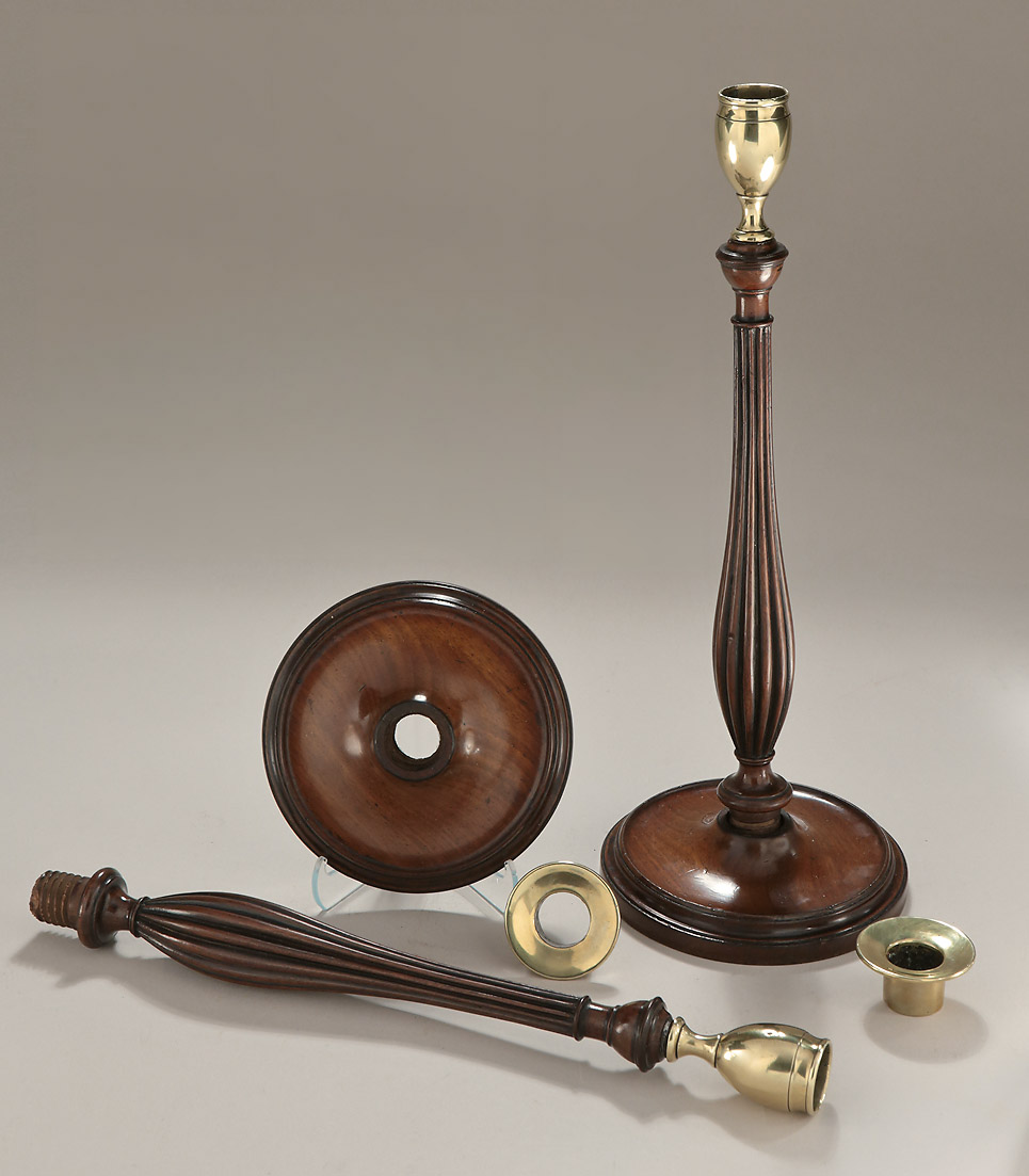 Pair George III Mahogany & Brass Candlesticks, c1780-1800