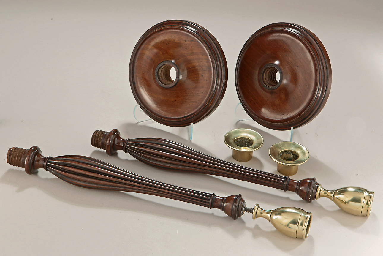 Pair George III Mahogany & Brass Candlesticks, c1780-1800