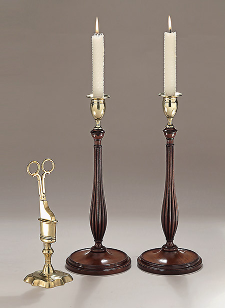 Pair of George III Brass & Mahogany Candlesticks, c1780-1800, with a c1720 Cast Brass Snuffer & Upright Stand