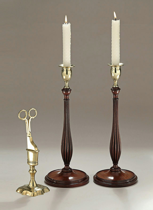 Pair George III Mahogany & Brass Candlesticks, c1780-1800, with c1720-45 Cast Brass Snuffer & Upright Stand