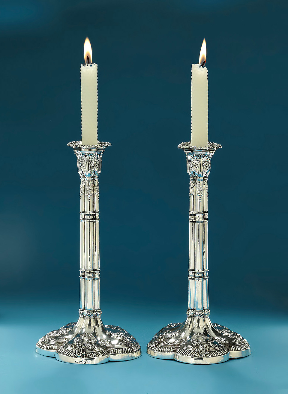 Pair Early George III Silver Clustered-Column Candlesticks, William Cafe, London 1768, Crest & Motto, Dukes of Gordon, Letterfourie 