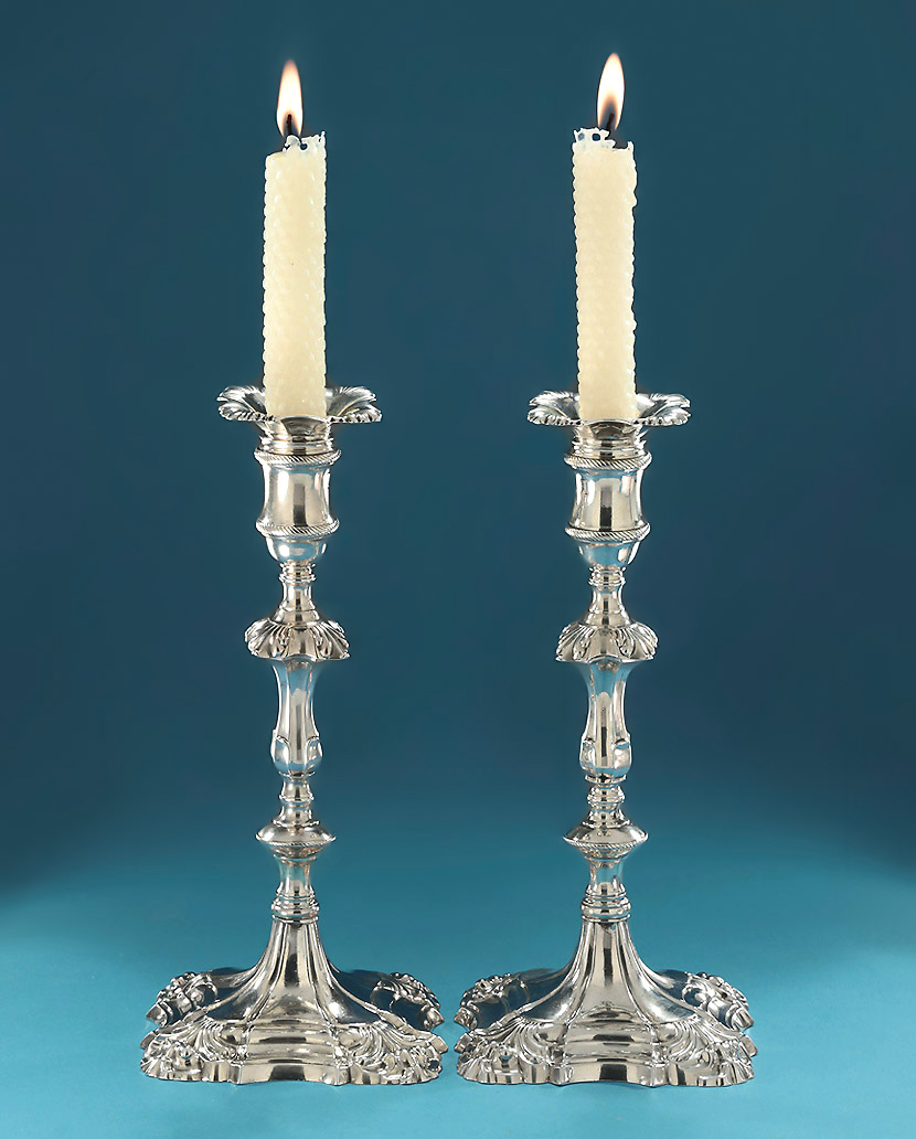 Good Pair of George II Cast Silver Rococo Candlesticks, John Cafe, London,1755 
