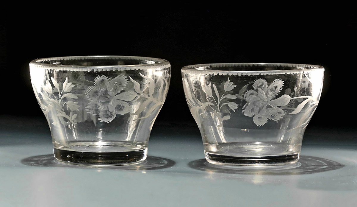 Rare Pair of George II Jacobite Interest Water Bowls, England, c1745-50, Carnation and Lily of the Valley