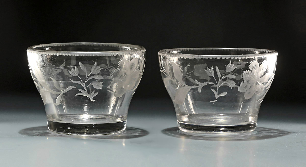 Rare Pair of George II Jacobite Interest Water or Finger Bowls, England, c1745-50 , with Lily of the Valley and Carnation