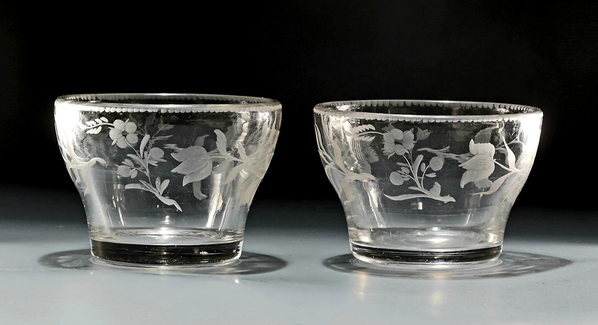 Rare Pair of George II Jacobite Interest Water or Finger Bowls, England, c1745-50 , with Scottish Rose and small tulip