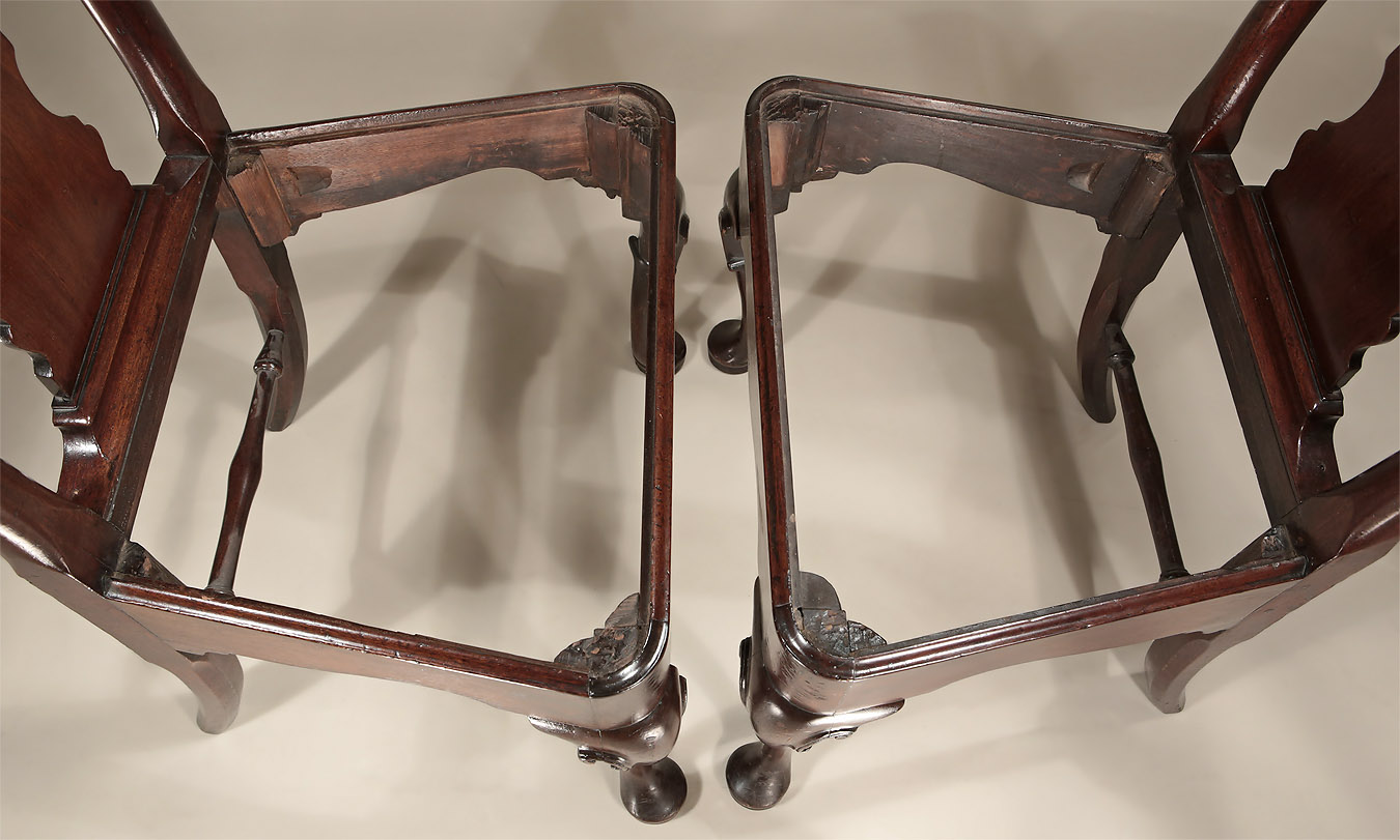 Pair George I / II Cuban Mahogany Side Chairs, c1725, showing the seat interior