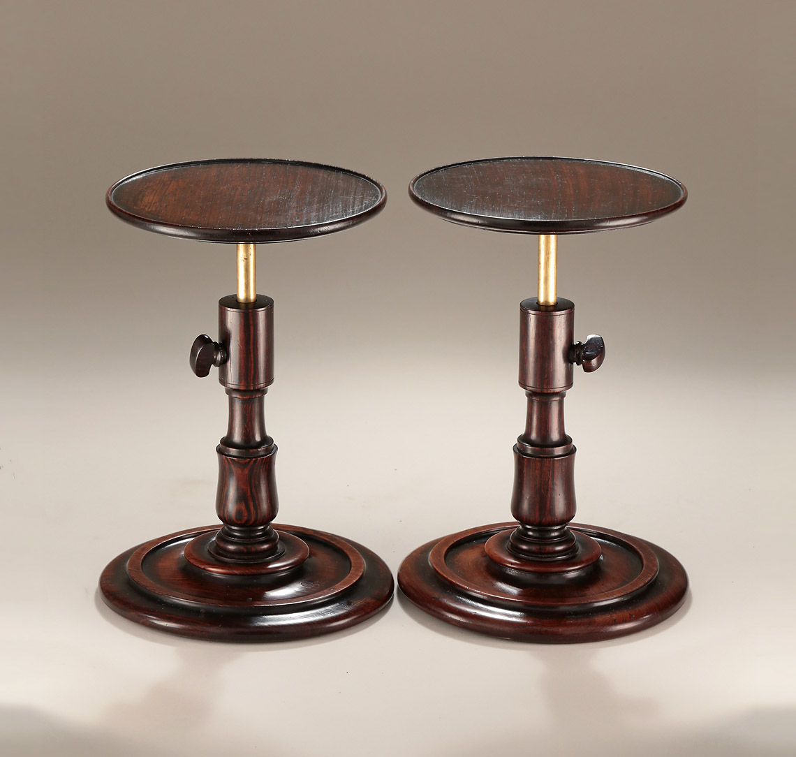 Rare Pair Georgian Turned Goncalo Alves Adjustable Candle-Stands