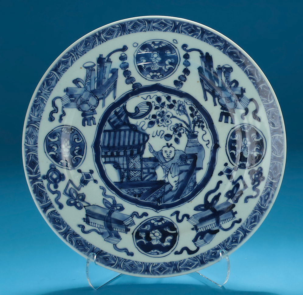 Chinese Export Blue & White Kangxi Plate, Dancing Boy on Veranda
