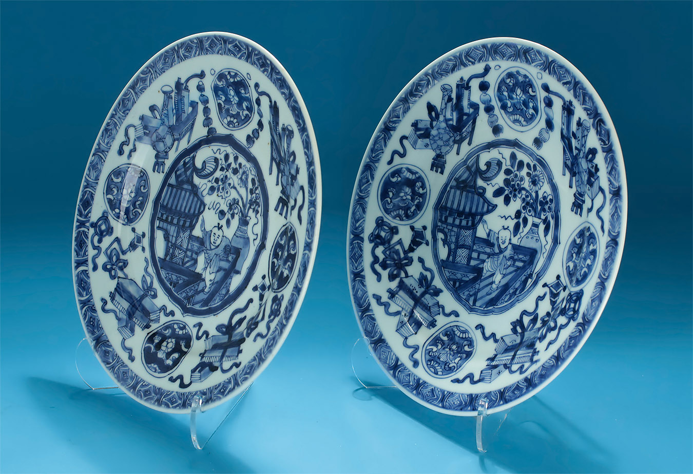 Pair Kangxi Blue & White Dancing Boy Plates, Oblique View 1