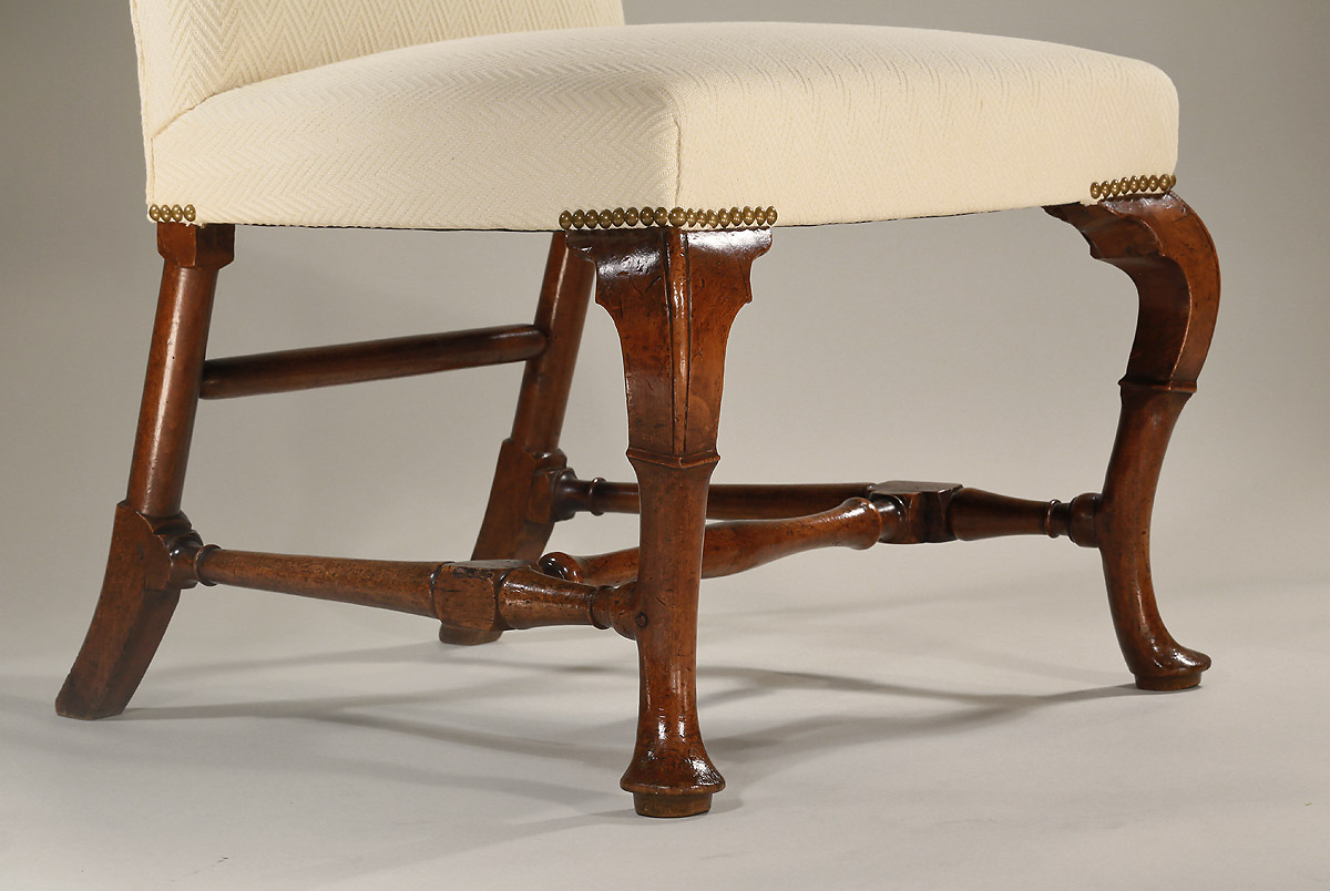 Good Pair of Queen Anne Walnut Upholstered Backstools, England, c1710, leg detail
