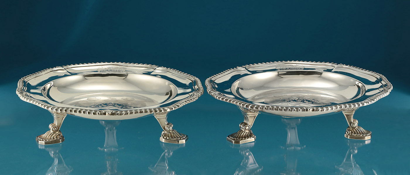 Pair William IV Silver Footed Stands, Paul Storr, 1836, arms Challoner and Tottenham, Portnall Park & Coote, Ireland 