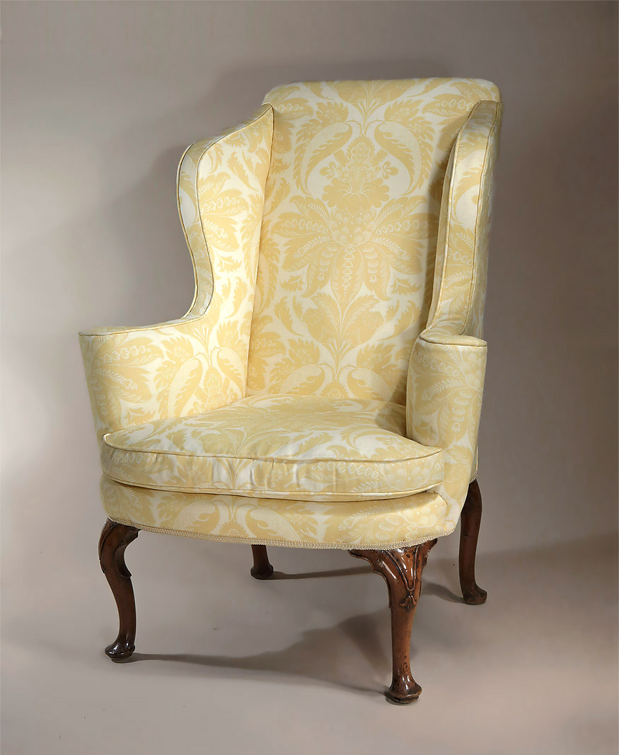 QUEEN ANNE / GEORGE I UPHOLSTERED WALNUT WING ARMCHAIR ...

