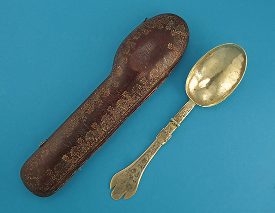 Rare 17th Century Brass Traveling Folding Spoon with Leather Case, Enland, c1690