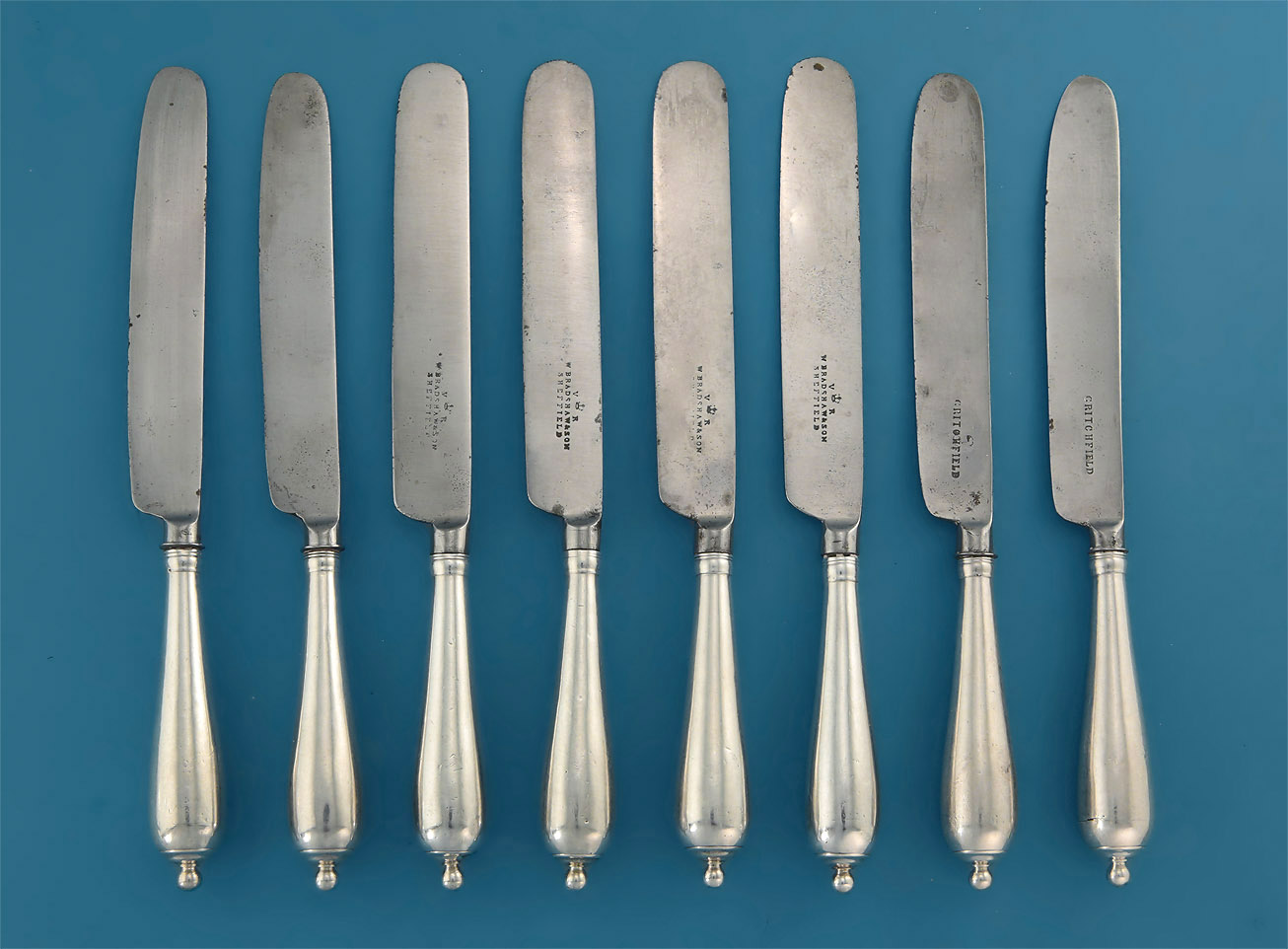 RARE SET OF SILVER CANNON-HANDLED CHEESE (DESSERT) KNIVES