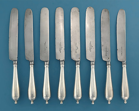 Rare Set 8 Late 17th Century Silver Canon-Handled Cheese (Dessert) Knives