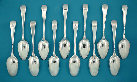 Straight Set 12 George II Silver Hanoverian Spoons, Callard, 1757