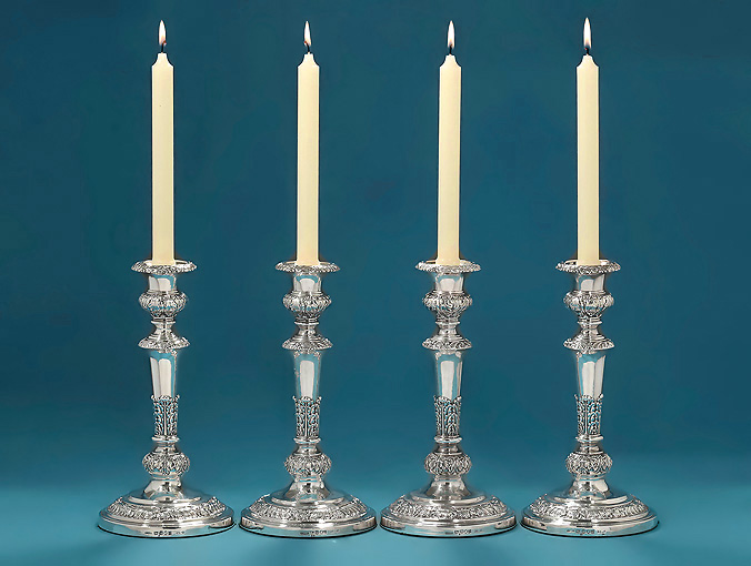 Good Set of Four George IV Silver Neoclassical Candlesticks, Creswick, 1820