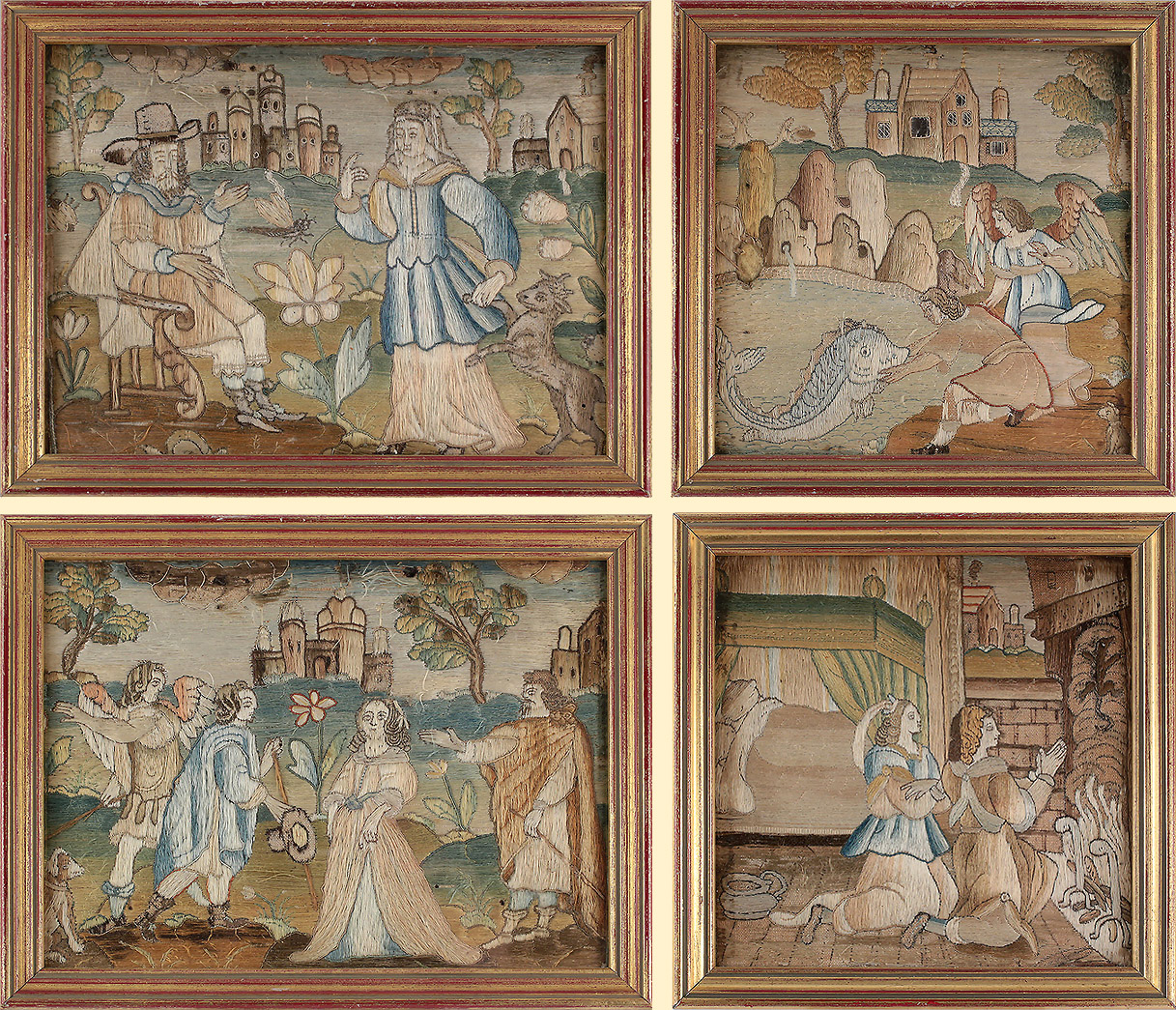 Set of 4 17th century silkwork panels illustrating Tobias, from the Book of Tobit