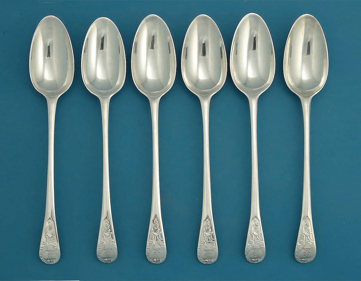 Set 6 George III Silver Private Dye-Stamped Dessert Spoons, John Lambe, London c1770; each crested with an eagle's head erased, ducally gorged 