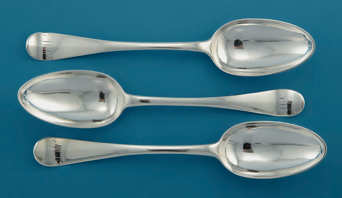 Set of 6 George III Scottish Hanoverian Silver TABLE Spoons, IT over FH (Howden & Taylor), Edinburgh, 1782