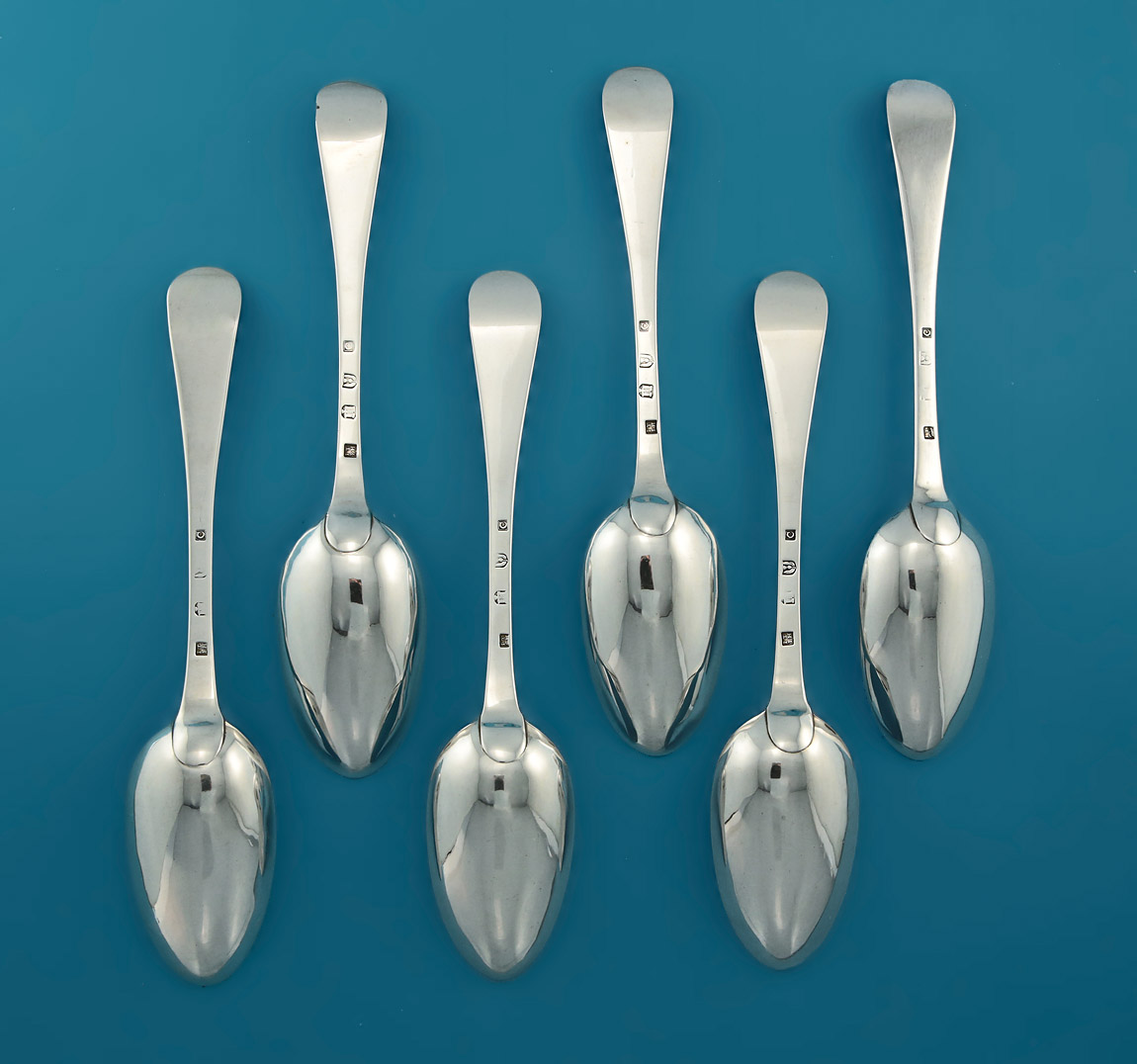 Set of 6 George III Scottish Hanoverian Silver TABLE Spoons, IT over FH (Howden & Taylor), Edinburgh, 1782