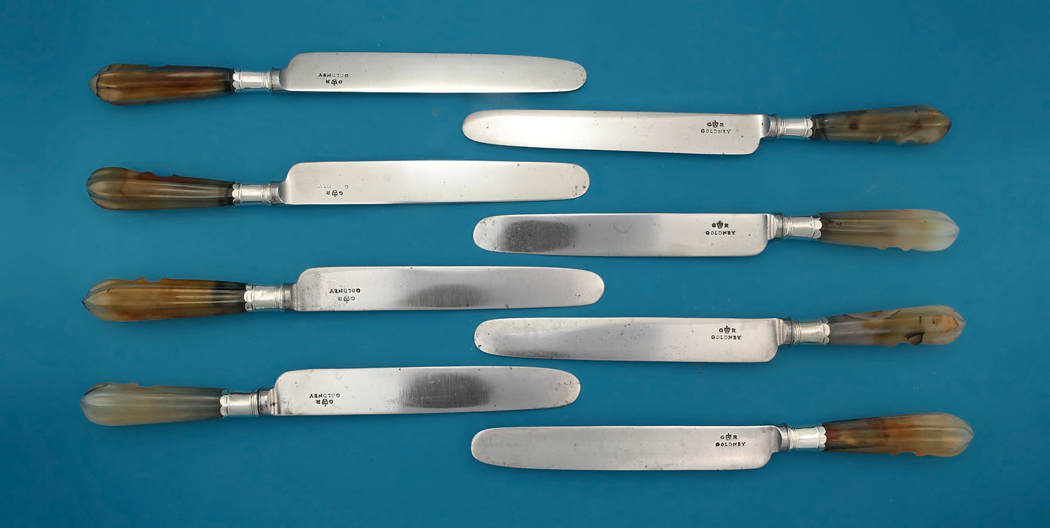 Set of 8 Georgian Agate-Handled Dinner Knives, c1750-60, the blades, GOLDNEY, c1820-30