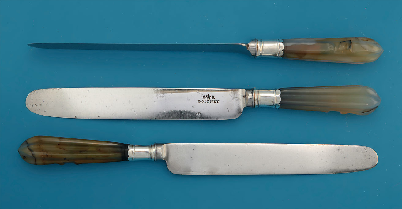 Set of 8 Georgian Agate-Handled Dinner Knives, c1750-60, the blades, GOLDNEY, c1820-30