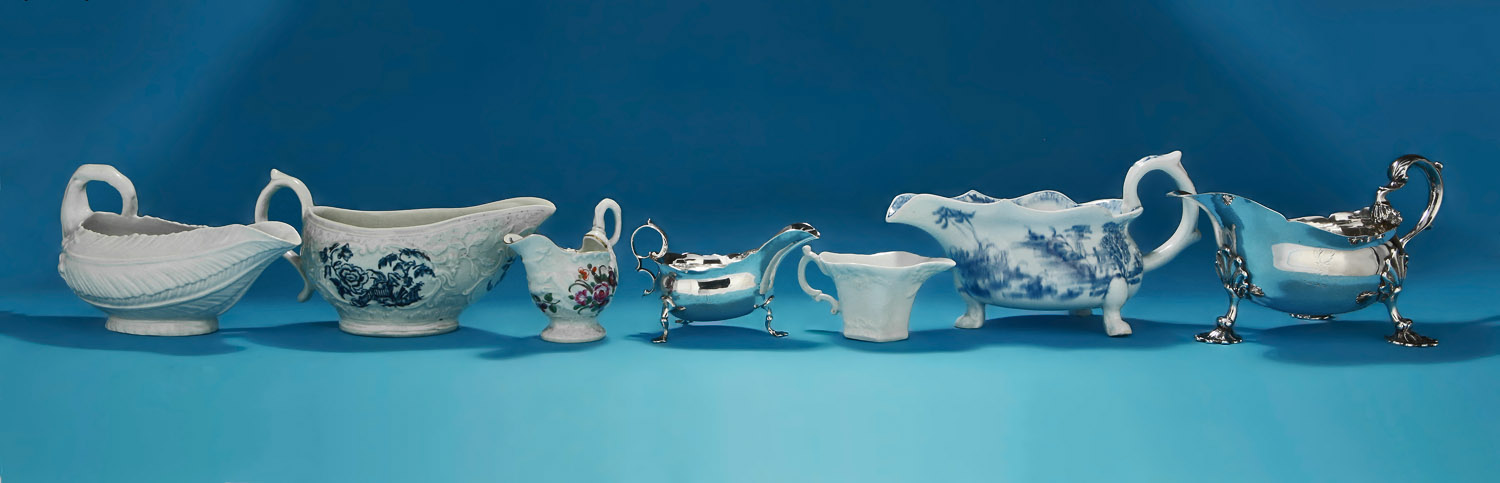 Seven British Sauce and Cream Boats, 18th century, silver and porcelain