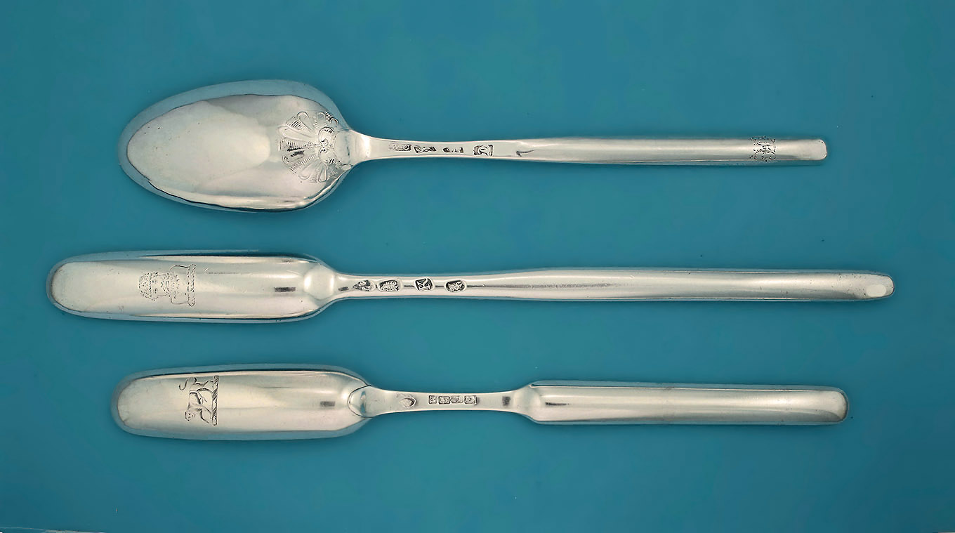 Three Silver Marrow Scoops / Spoons, George I Britannia, George III Irish, and George III Shell Back Spoon