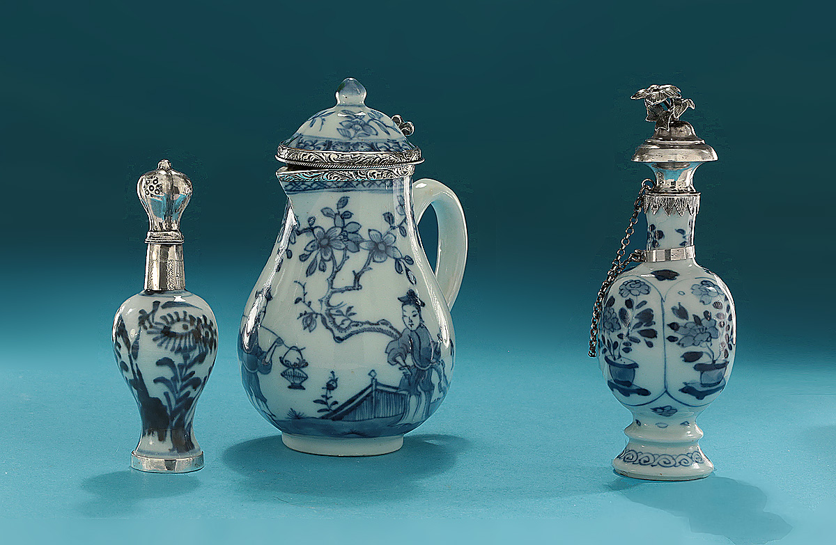 Three Kangxi / Yongzheng Silver-Mounted Blue & White Small Porcelains