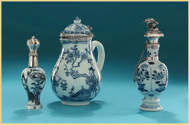 Three Kangxi / Yongzheng Silver-Mounted Small Bllue & White Porcelains