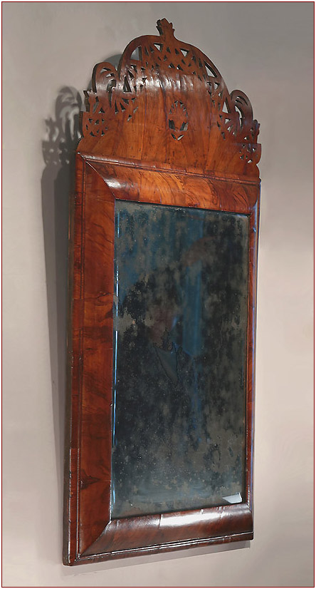 William & Mary Figured Walnut Crested Cushion Wall Mirror, Original Crest and Mirror Plate, c1690