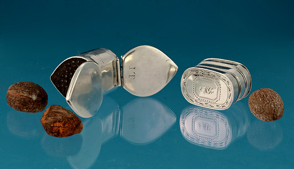 William & Mary Silver Teardrop Nutmeg Grate, George III Engraved Silver Nutmeg Grater