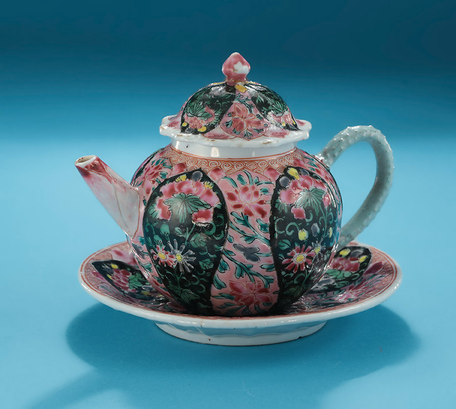 Yongzheng Famille Rose & Black-Ground Moulded Teapot, Cover & Stand, China,1722-35 