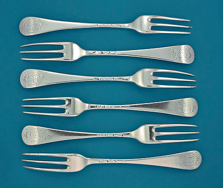 Set of Six Early George III Hanoverian 3-Tine Dinner Fork, Thos & Wm Chawner, Arms Chamier Impaling Wilson